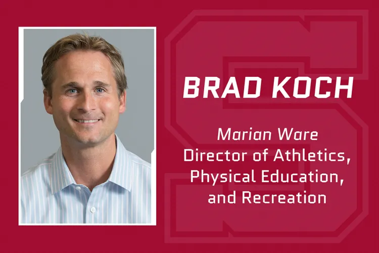 Headshot of Brad Koch with text that reads "Marian Ware Director of Athletics, Physical Education, and Recreation"