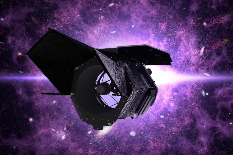 Artist rendering of space telescope in orbit with purple background