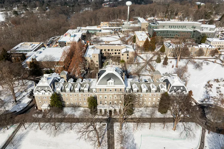 Overhead drone shot of Parrish Hall in winter