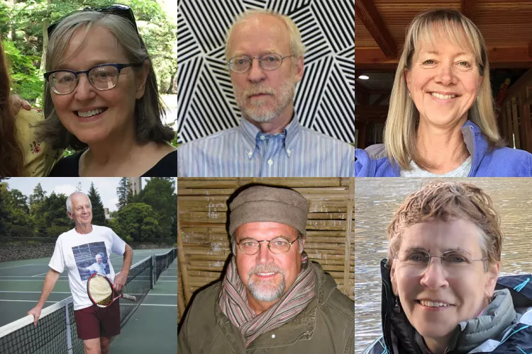 Clockwise from top left: Deborah Bergstrand, Richard Eldridge, Sara Hiebert Burch ’79, Connie Hungerford, Brian Meunier, and Mike Mullan.