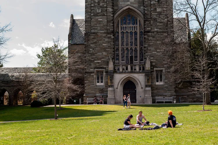 Students sit on green grass on sunny day.