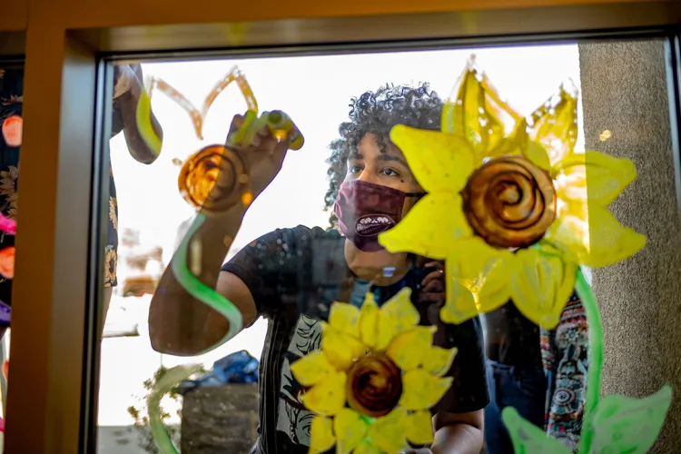 Student wearing mask paints flowers on window.