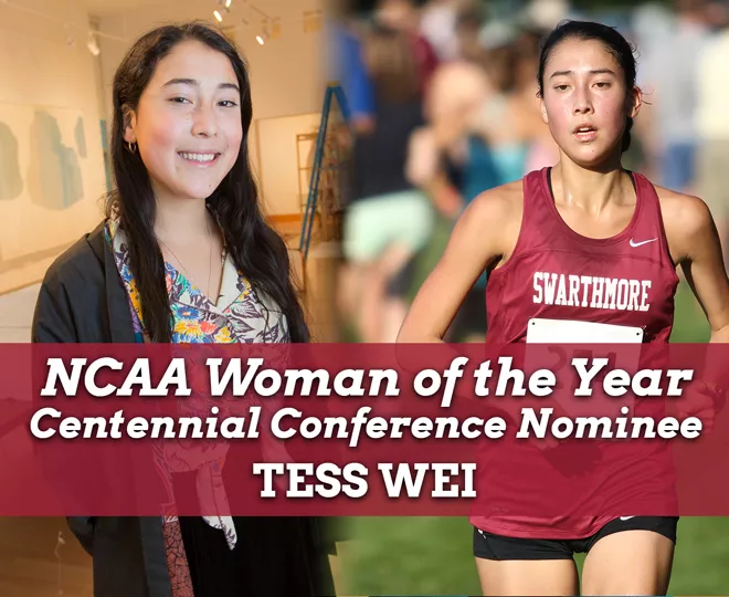 A side by side image of Tess Wei '17 that shows her in the List Gallery on the left and and running in a track and field event on the right.