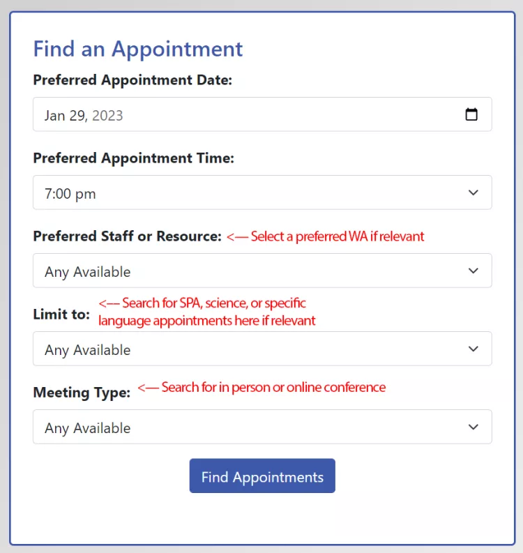 Screenshot of the "Find an Appointment" box on WC Online