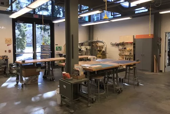 Work desks situated in the center of the Makerspace in Whittier.