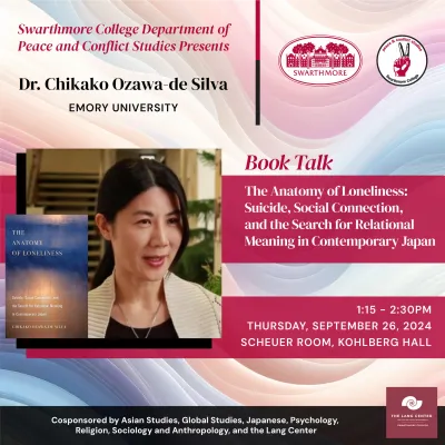 Photo of Doctor Chikako Ozawa-de Silva with a cover of her book 