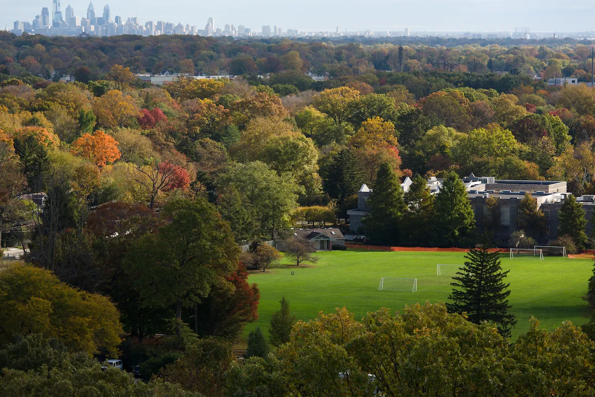 View of campus with Philadelphia skyline on the horizon