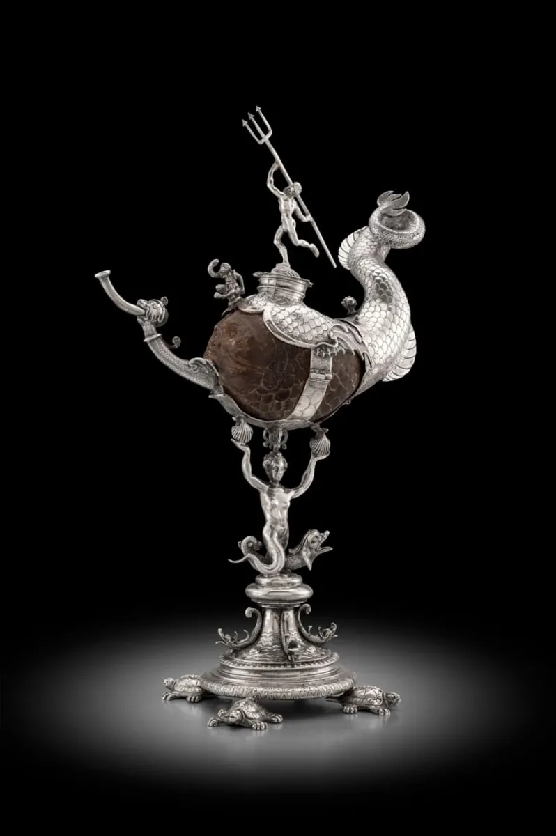 Image of a silver mounted coconut cup highlighted in the Benjamin West lecture for Art History 2025-2026. Frederiks Andries, Silver-mounted coconut cup (Amsterdam, 1607); 34.5 cm (h) (Koopman Rare Art, London, sold to Rose-Marie and Eijk van Otterloo, gifted to MFA, Boston)