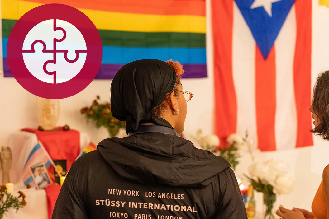 Person looks at flags wall. Red circle featuring symbol of puzzle pieces in upper left corner.