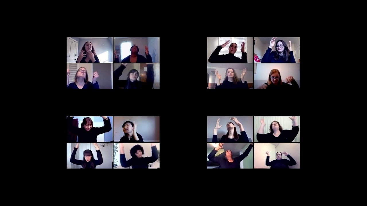 16 zoom squares arranged in groups of four against a black background; in the squares are 16 people in black shirts dancing