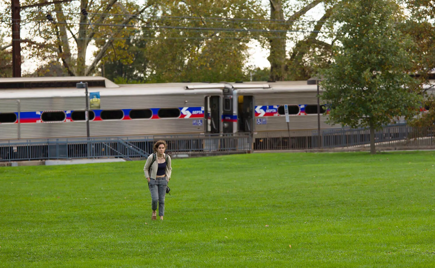 student walking from train station