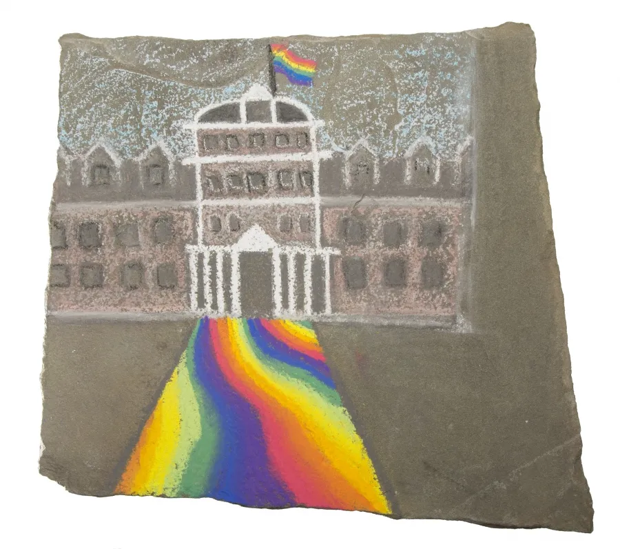 Chalking of Parrish Hall with rainbow flags