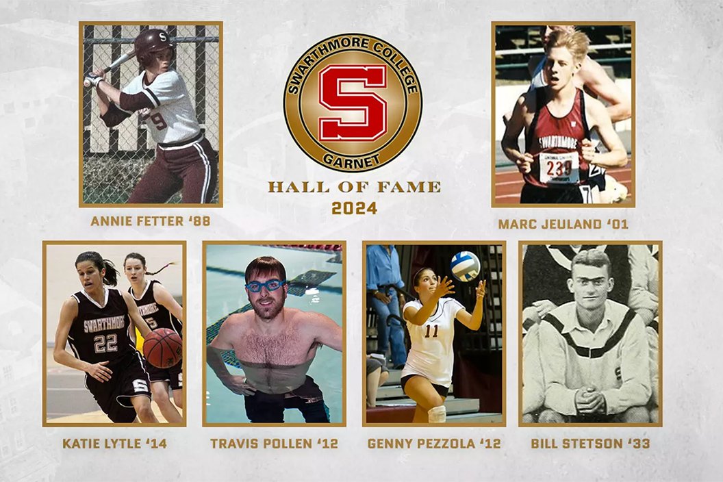 Collage of 2024 hall of fame inductees: clockwise from top left Annie Fetter, Marc Jeuland, Bill Stetson, Genny Pezzola, Travis Pollen, Katie Lytle