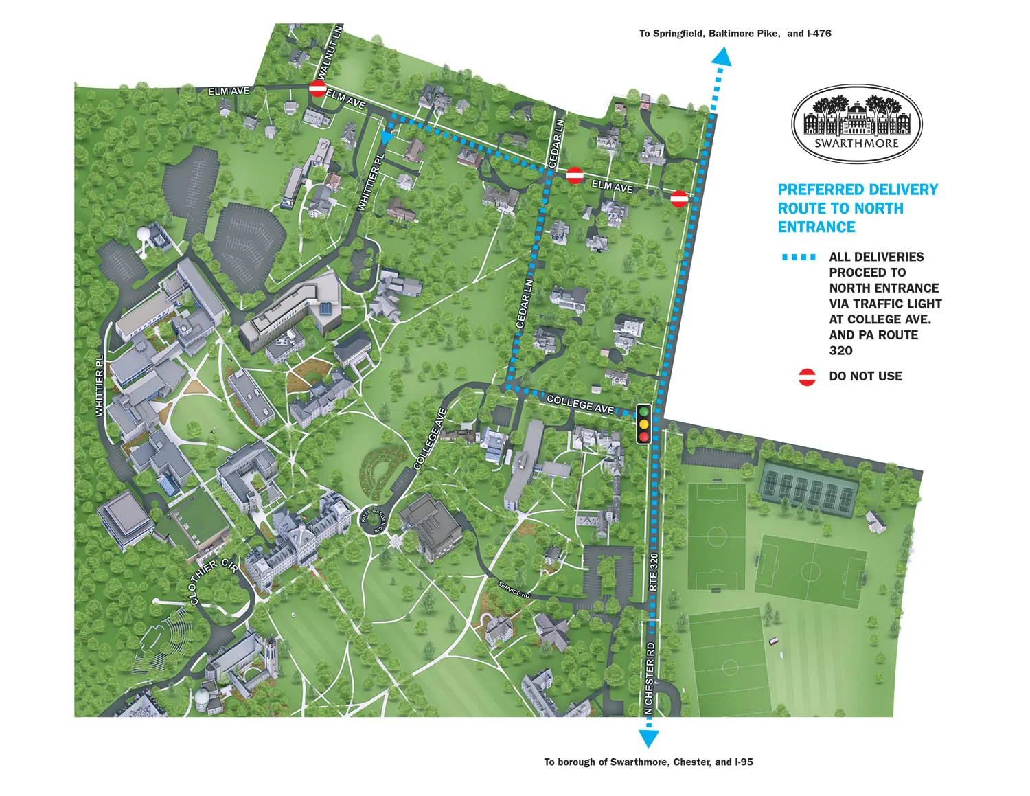 ​Swarthmore College campus map - Deliveries to north campus in lieu of construction.