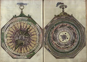 Two pages from old book illustrating model of universe