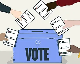 Graphic showing voting box with hands placing ballots inside