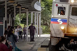 SEPTA train arrives at Swarthmore station